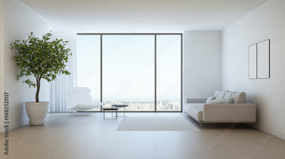 Fototapeta premium Minimalist living room with large windows and city view during daytime
