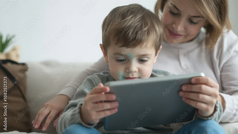 Engaged child using tablet with mother, enjoying quality time together. cozy atmosphere highlights their bond and shared experience Engaged child using tablet with mother, enjoying quality time together. cozy atmosphere highlights their bond and shared experience