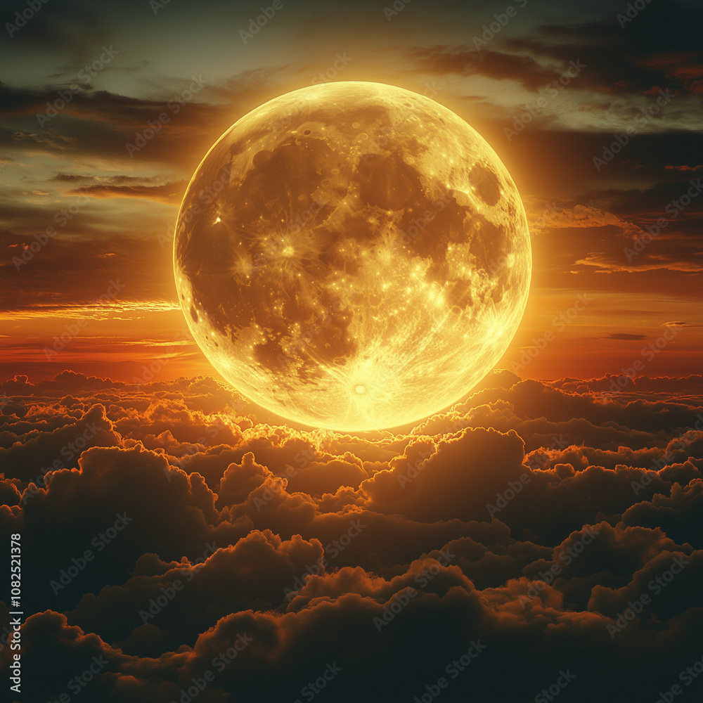 Magnificent full moon rising above clouds during sunset, bathed in golden light Magnificent full moon rising above clouds during sunset, bathed in golden light
