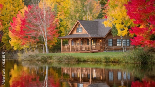 Autumn cabin with colorful foliage reflecting on tranquil water surface.