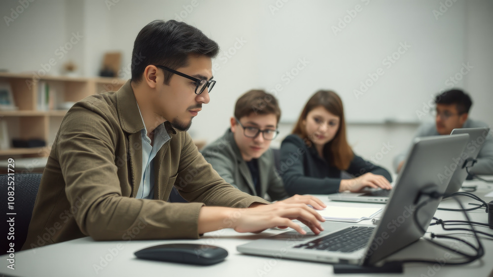 Focused student working on laptop in classroom setting, surrounded by peers engaged in learning. atmosphere is collaborative and educational Focused student working on laptop in classroom setting, surrounded by peers engaged in learning. atmosphere is collaborative and educational