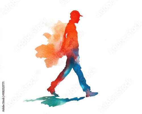 Colorful silhouette of a person walking, artistic watercolor style, white background.