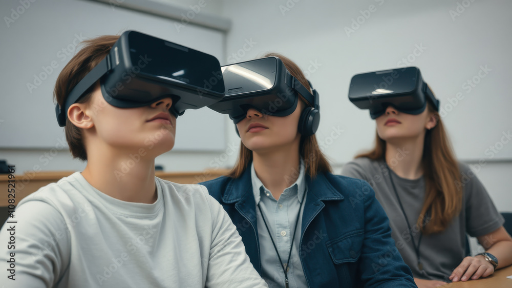 Immersive students engaged in virtual reality learning experience. classroom setting enhances their focus and curiosity as they explore new technologies Immersive students engaged in virtual reality learning experience. classroom setting enhances their focus and curiosity as they explore new technologies