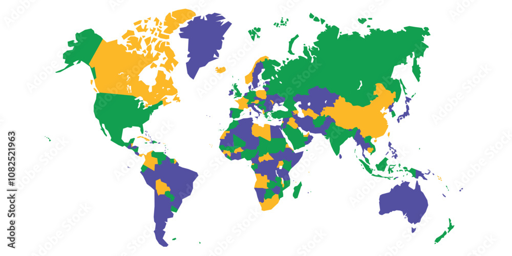 Fototapeta premium World map with countries shown in green, orange, and purple.