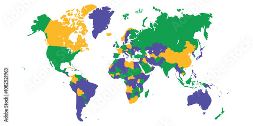 World map with countries shown in green, orange, and purple.