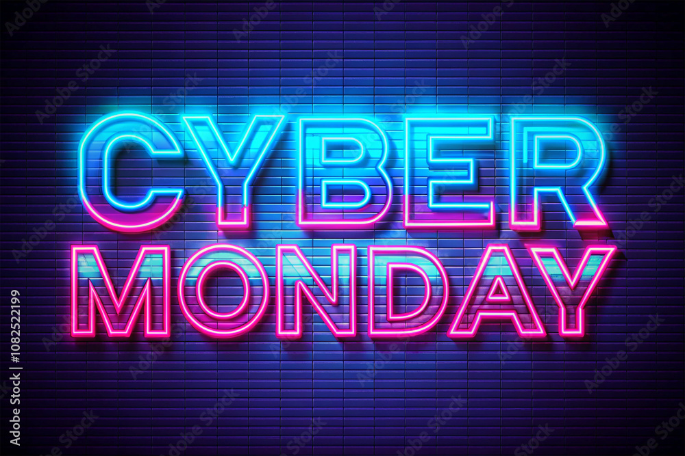 Neon text Cyber Monday Banner, Glowing neon Text and Title of Cyber Monday