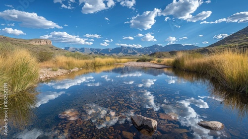 A tranquil mountain stream reflects the blue sky and puffy white clouds on a sunny day.