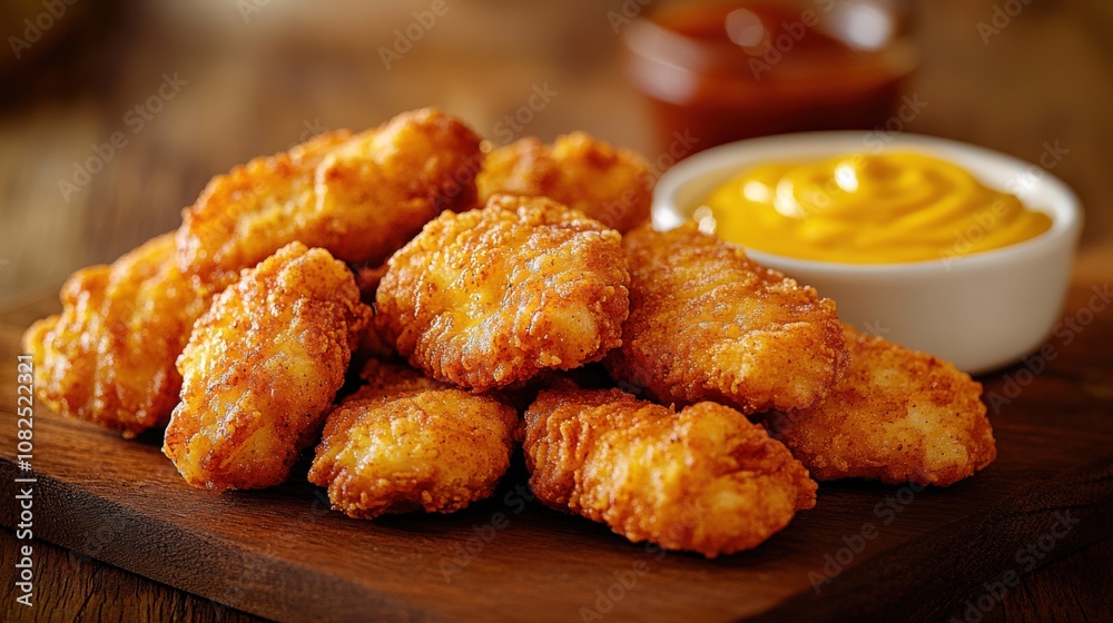 Crispy Chicken Nuggets with Dipping Sauces on a Wooden Platter Crispy Chicken Nuggets with Dipping Sauces on a Wooden Platter