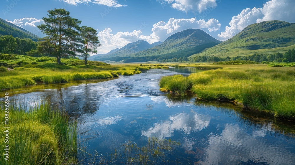 A tranquil river flows through a lush green valley with majestic mountains in the background. The sky is a vibrant blue with puffy white clouds reflected in the still water. A tranquil river flows through a lush green valley with majestic mountains in the background. The sky is a vibrant blue with puffy white clouds reflected in the still water.