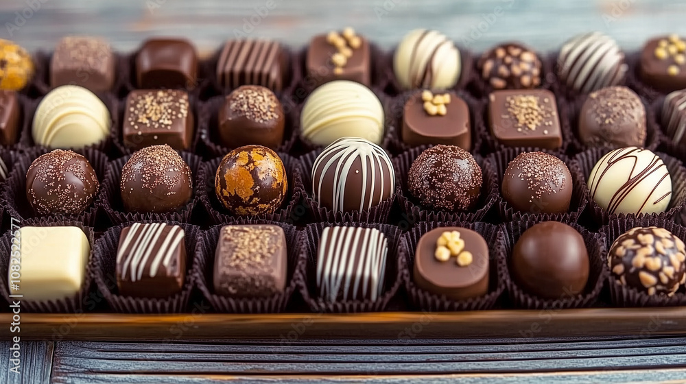 An elegant selection of assorted gourmet truffles and chocolates, featuring rich dark and creamy white pieces, with diverse textures and intricate designs. An elegant selection of assorted gourmet truffles and chocolates, featuring rich dark and creamy white pieces, with diverse textures and intricate designs.