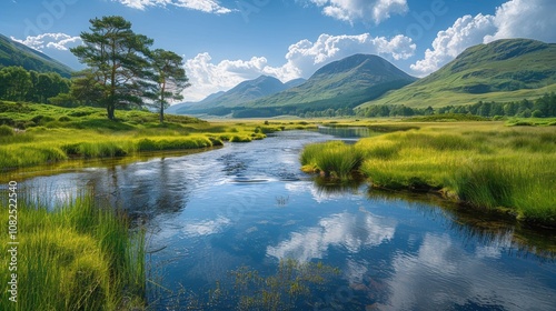 A tranquil river flows through a lush green valley with majestic mountains in the background.  The sky is a vibrant blue with puffy white clouds reflected in the still water.