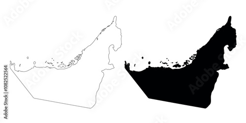 United Arab Emirates map in outline and solid black versions.