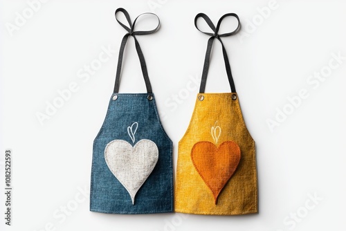 Stylish aprons in blue and yellow with heart designs, perfect for cooking, baking, or adding flair to the kitchen. photo