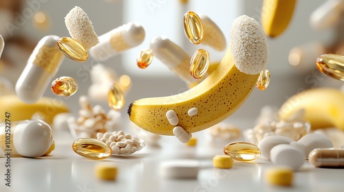 Floating banana in a field of glowing vitamin icons, representing enhanced energy photo