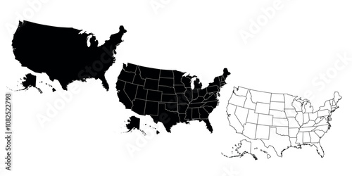 Map of the United States in three styles: solid black, states, and outline.