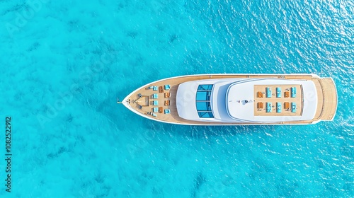 Aerial view of a white yacht in clear blue water.