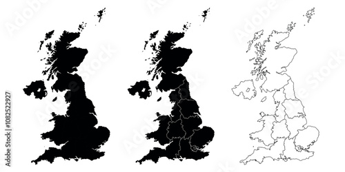 Map of the United Kingdom in three styles: solid black, regions, and outline.