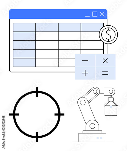 Spreadsheet with currency symbol and calculator icons. Robotic arm lifting box, crosshair symbol at the bottom left. Ideal for finance, automation, technology, engineering, data analysis