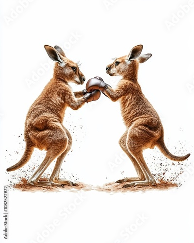 Two kangaroos playfully holding a ball, showcasing a fun and spirited moment in their natural habitat. photo