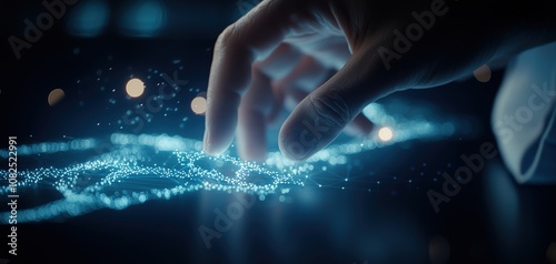 Blockchain Healthcare Trial concept. A close-up of a hand reaching out to touch a glowing, digital surface that emits particles, suggesting interaction with a high-tech interface.