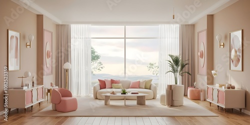 Modern pastel room with beige walls, white furniture, and serene landscape view