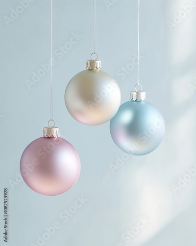 Simple Christmas ornaments with elegant pastel details hanging gracefully, minimalist composition with ample space around for seasonal typography.