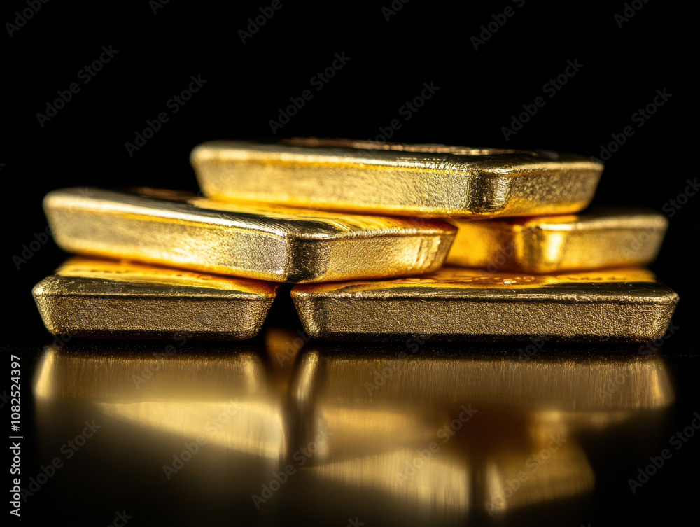 Shimmering gold bars stacked elegantly on a reflective surface showcasing wealth and luxury Shimmering gold bars stacked elegantly on a reflective surface showcasing wealth and luxury
