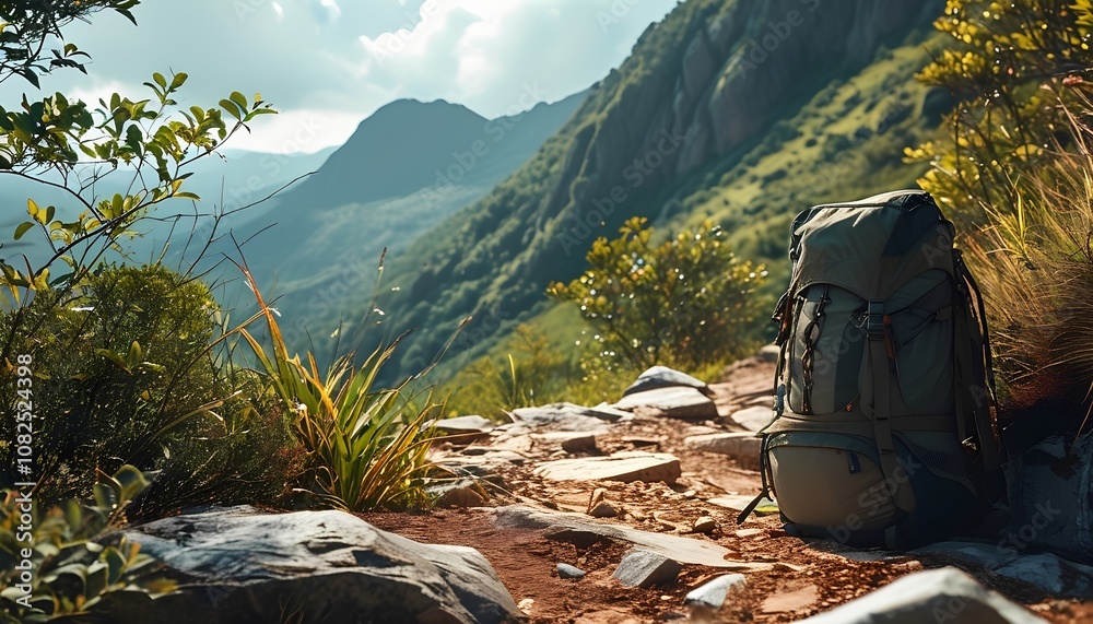 Outdoor adventure through hiking. The scene depicts a hiker traversing rugged mountain trails, surrounded by breathtaking landscapes, including towering peaks, lush forests, and expansive valleys.  