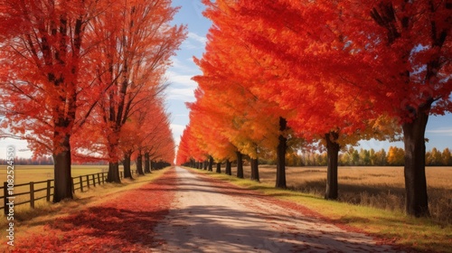 Vibrant autumn road lined with fiery maple trees.