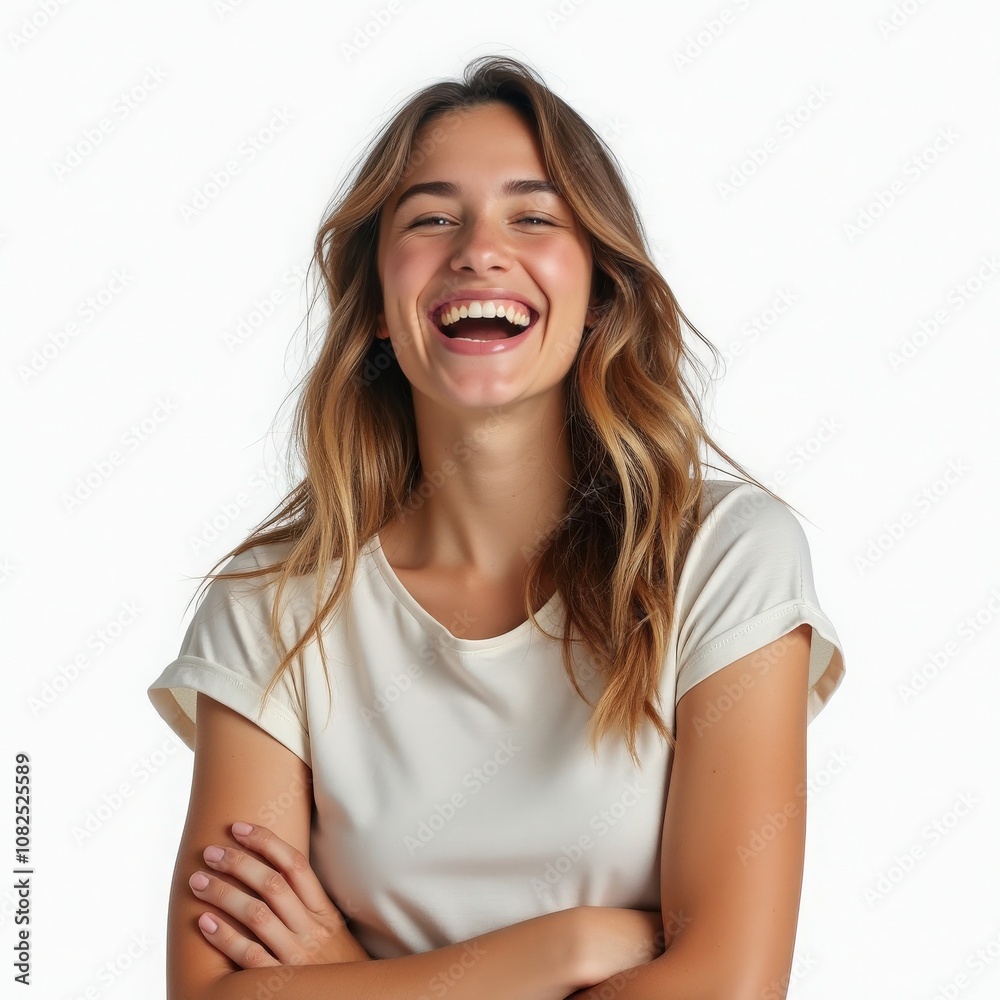 A joyful young woman with long hair smiles broadly while crossing her arms against a plain white background, radiating happiness and confidence A joyful young woman with long hair smiles broadly while crossing her arms against a plain white background, radiating happiness and confidence