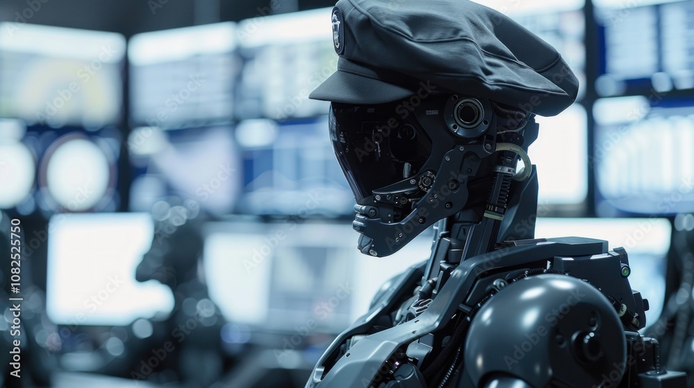 Fototapeta premium A futuristic robot with a black cap standing in a room with many computer screens.