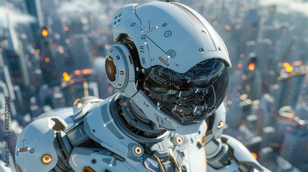 A close-up view of a white robot's head with a futuristic helmet against the backdrop of a city. A close-up view of a white robot's head with a futuristic helmet against the backdrop of a city.