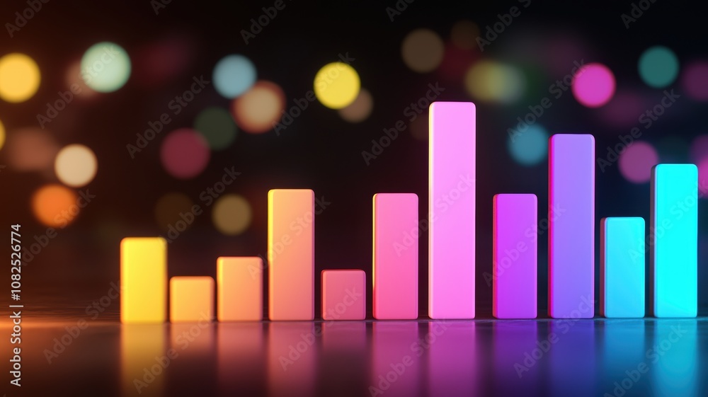 Futuristic Neon-Hued Bar Graphs Illuminated by Soft Lights, Representing Data Visualization in a Holographic Style for Modern Digital Applications Futuristic Neon-Hued Bar Graphs Illuminated by Soft Lights, Representing Data Visualization in a Holographic Style for Modern Digital Applications