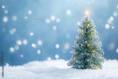 Shiny Christmas tree against a blue background in the snow - generative ai