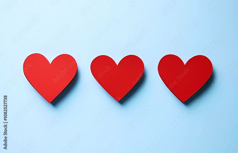 Three paper-cut red hearts on a light blue background, flat lay, top view, space for text, minimalist style Three paper-cut red hearts on a light blue background, flat lay, top view, space for text, minimalist style