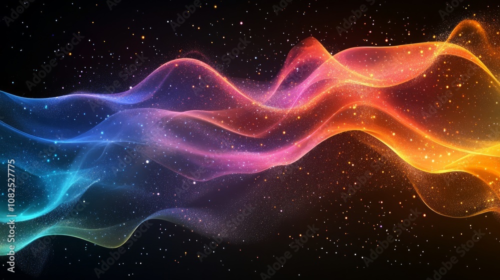 Obraz premium Abstract colorful glowing wave with twinkling lights on a black background.