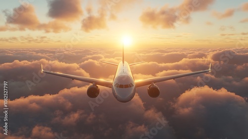 Airplane flying above clouds at sunset aerial view travel photography serene environment aviation concept