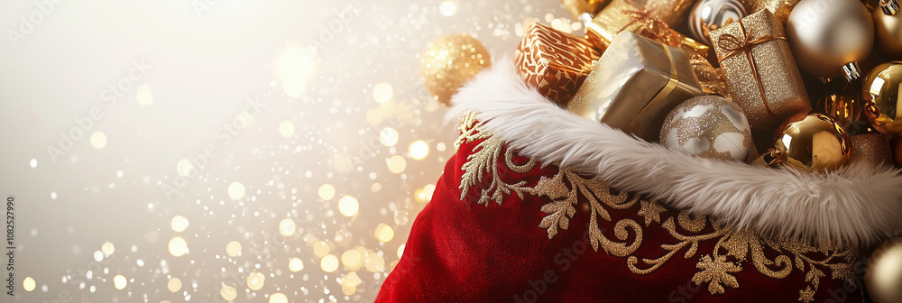 Fototapeta premium Santa Bag with Gold Wrapped Gifts and Ornaments