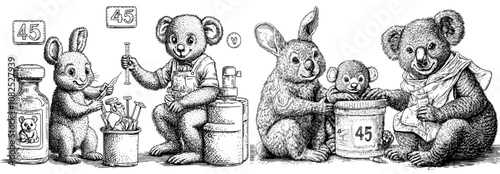 Koala patient with doctors monkey and bunny in hospital. Modern childish pediatrician immunization scene.