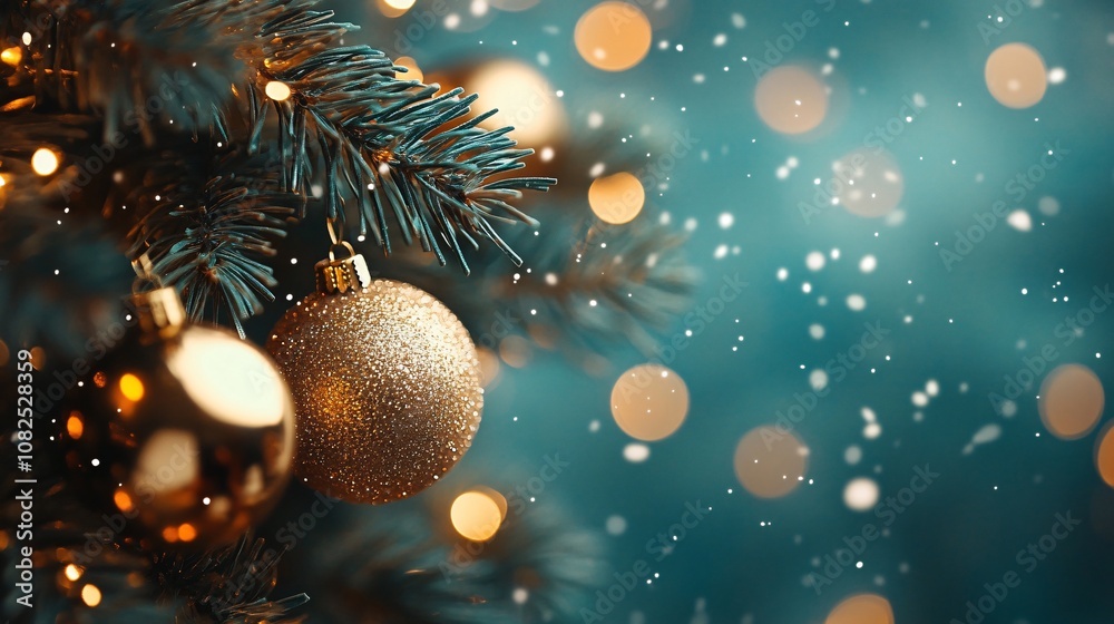 Golden christmas balls hanging on christmas tree with falling snow and bokeh lights