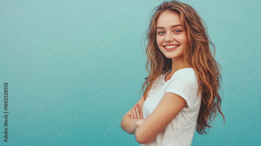 Smiling young woman exuding confidence against a serene turquoise background Smiling young woman exuding confidence against a serene turquoise background