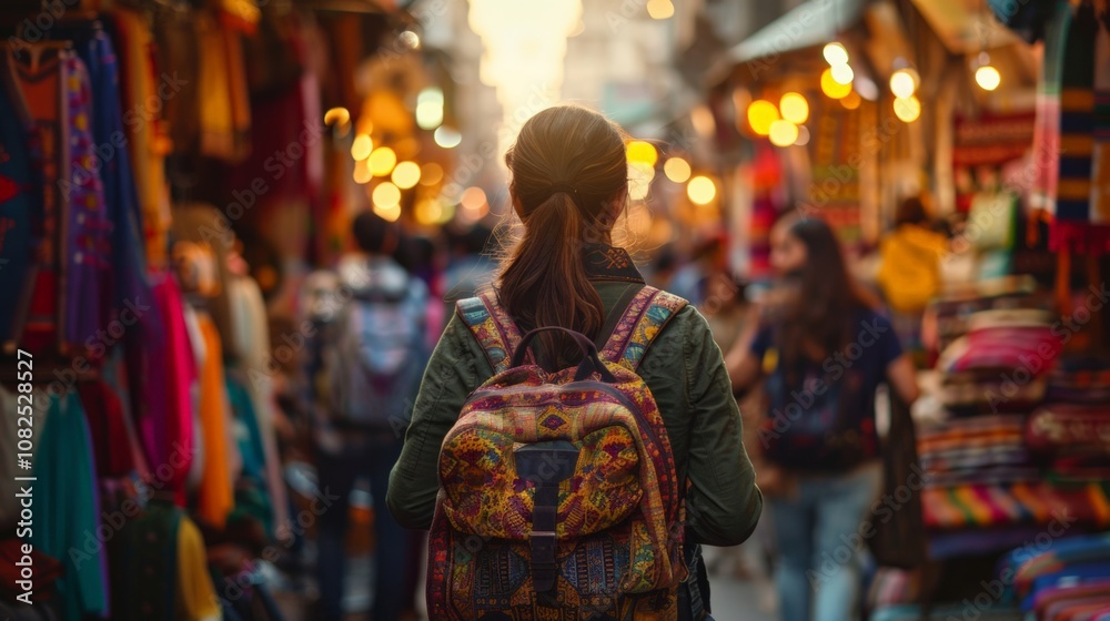 Obraz premium Exploring a Vibrant Market Scene Filled with Colorful Crafts and Lights
