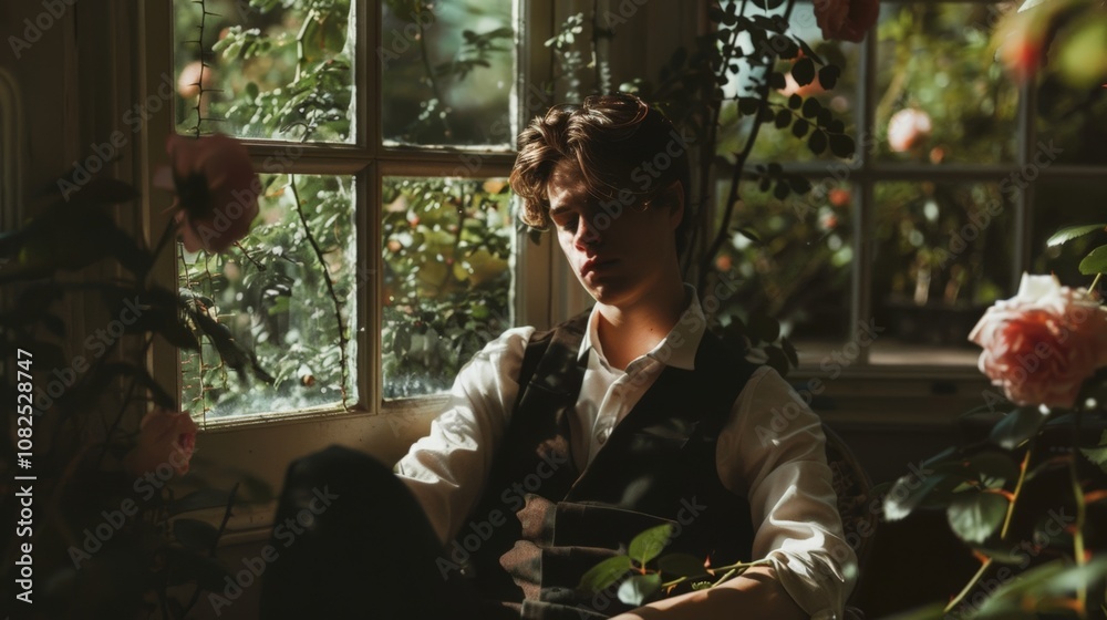 Gentleman in a Sunlit Room Surrounded by Flowers and Greenery Gentleman in a Sunlit Room Surrounded by Flowers and Greenery