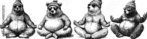 Grizzly bears dressed in fashion illustrations inked sketches of sunglasses. American grizzly background asian animal silhouette glasses hipster hat modern illustration.