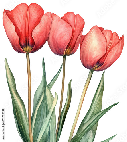 Three red tulips are painted in a watercolor style. The flowers are arranged in a row, with the tallest one in the middle and the shortest one on the right. The painting has a serene and peaceful mood