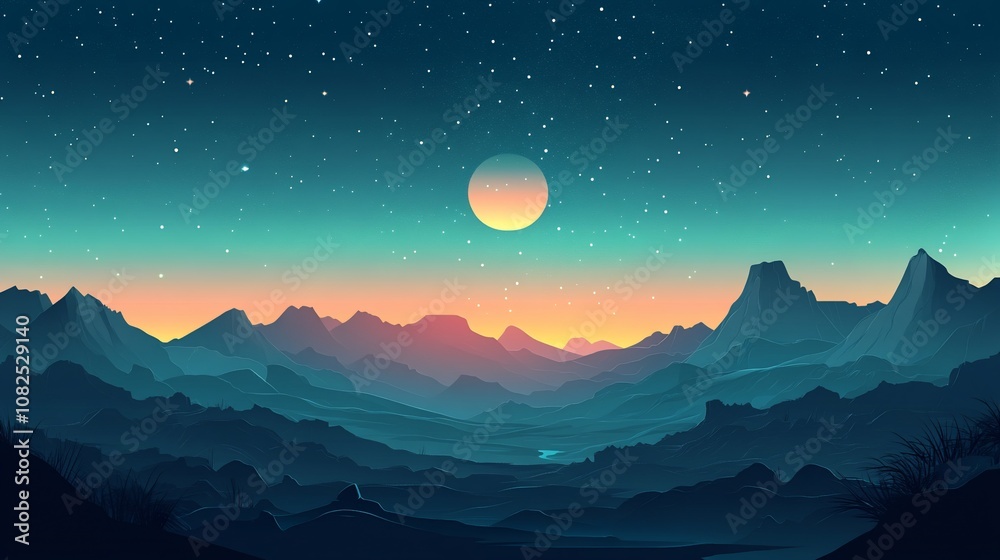 Fototapeta premium Silhouetted mountain range with a full moon in the night sky.