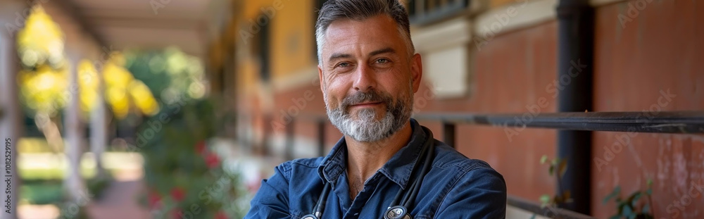Confident Male Doctor Standing Outside Clinic | Professional Medical Portrait for Healthcare Promotion Confident Male Doctor Standing Outside Clinic | Professional Medical Portrait for Healthcare Promotion