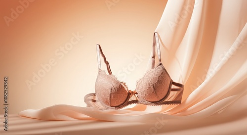 The lingerie piece is positioned slightly off-center, with the fabric gently draped around it. Soft light creates subtle shadows, highlighting the intricate lace or stitching details.