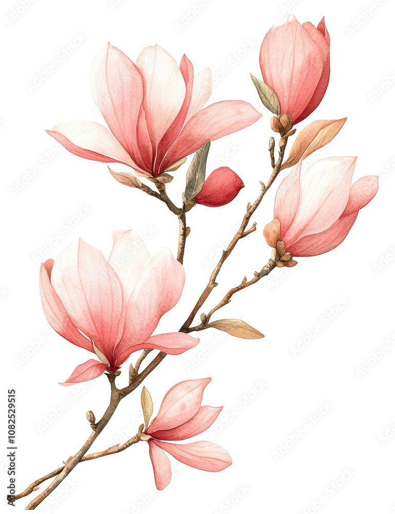 Fototapeta premium A painting of pink flowers with a white background. The flowers are arranged in a way that they look like they are growing out of the painting. The painting has a serene and calming mood