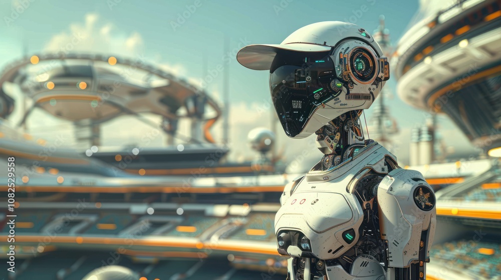 A humanoid robot wearing a futuristic baseball cap stands in the foreground of a futuristic city. A humanoid robot wearing a futuristic baseball cap stands in the foreground of a futuristic city.